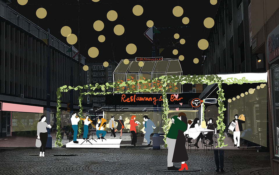 Illustrationsskiss över Båtsmanstorget med lampor och ett par som kramas