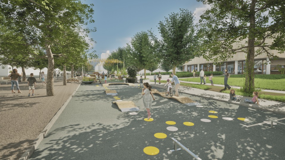 Sittplatser, konstgrs, vimplar, beach volley-plan, folk i rörelse
