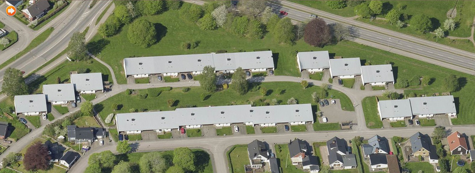 Flygfoto över grupphusbebyggelsen på Guldbaggen 11