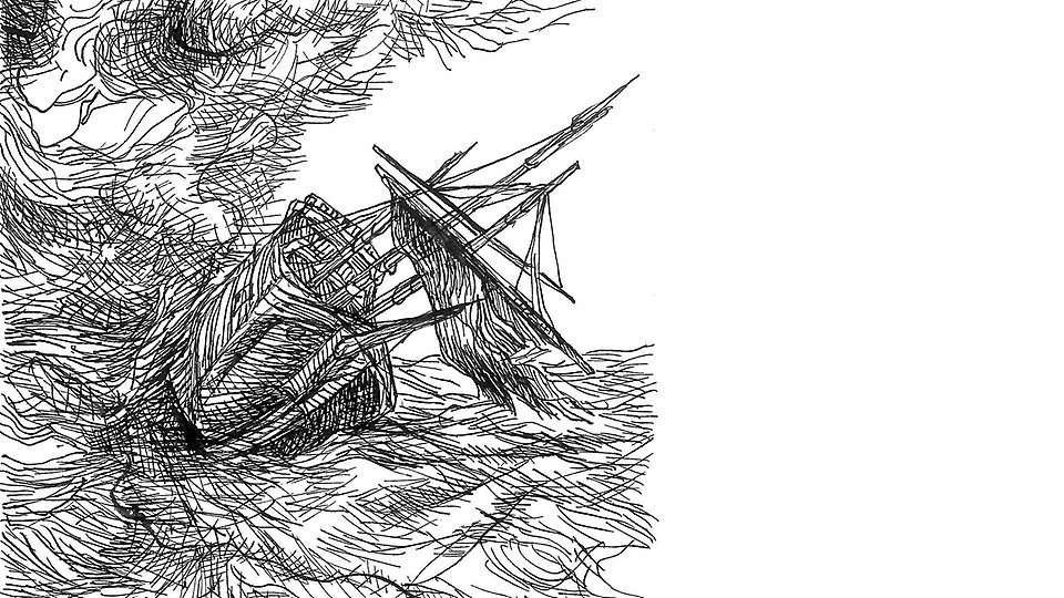 Teckning i svart tusch av en segelbåt på ett stormigt hav.