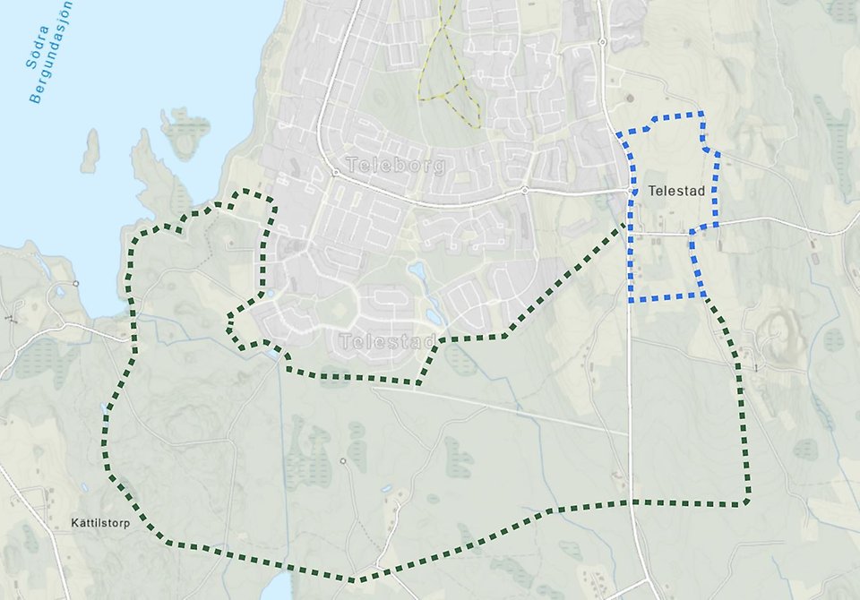 Karta över södra Växjö nedanför Telestadshöjden i Växjö